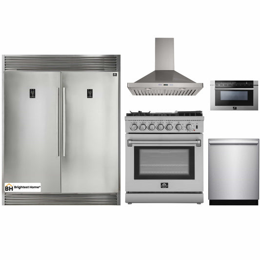 Forno 5-Piece Appliance Package - 30-Inch Dual Fuel Range with Air Fryer, 56-Inch Pro-Style Refrigerator, Wall Mount Hood, Microwave Drawer, & 3-Rack Dishwasher in Stainless Steel