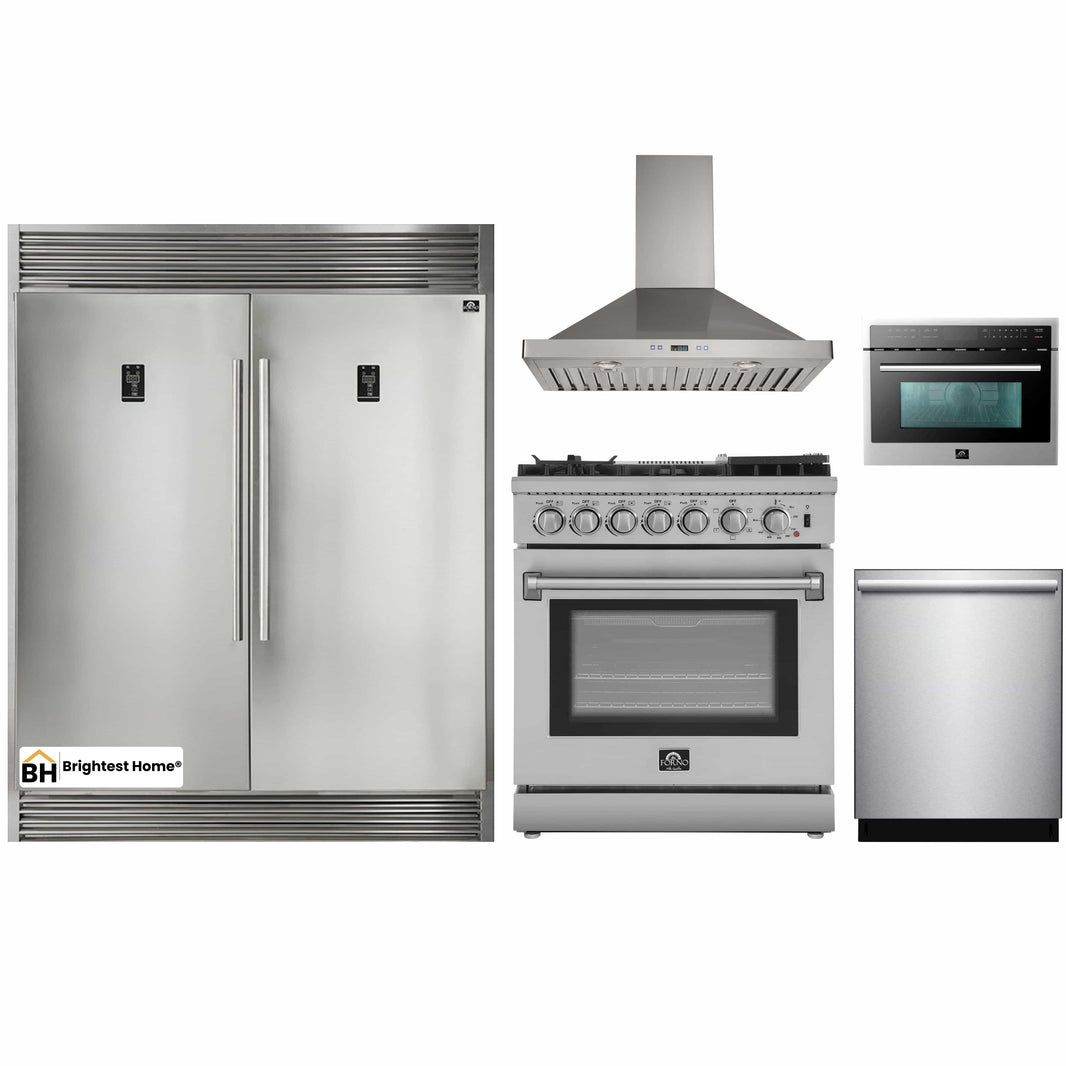 Forno 5-Piece Appliance Package - 30-Inch Dual Fuel Range with Air Fryer, 56-Inch Pro-Style Refrigerator, Wall Mount Hood, Microwave Oven, & 3-Rack Dishwasher in Stainless Steel