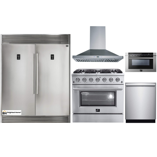 Forno 5-Piece Appliance Package - 36-Inch Gas Range, 56-Inch Pro-Style Refrigerator, Wall Mount Hood, Microwave Drawer, & 3-Rack Dishwasher in Stainless Steel