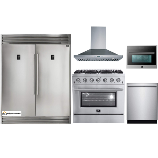 Forno 5-Piece Appliance Package - 36-Inch Gas Range, 56-Inch Pro-Style Refrigerator, Wall Mount Hood, Microwave Oven, & 3-Rack Dishwasher in Stainless Steel