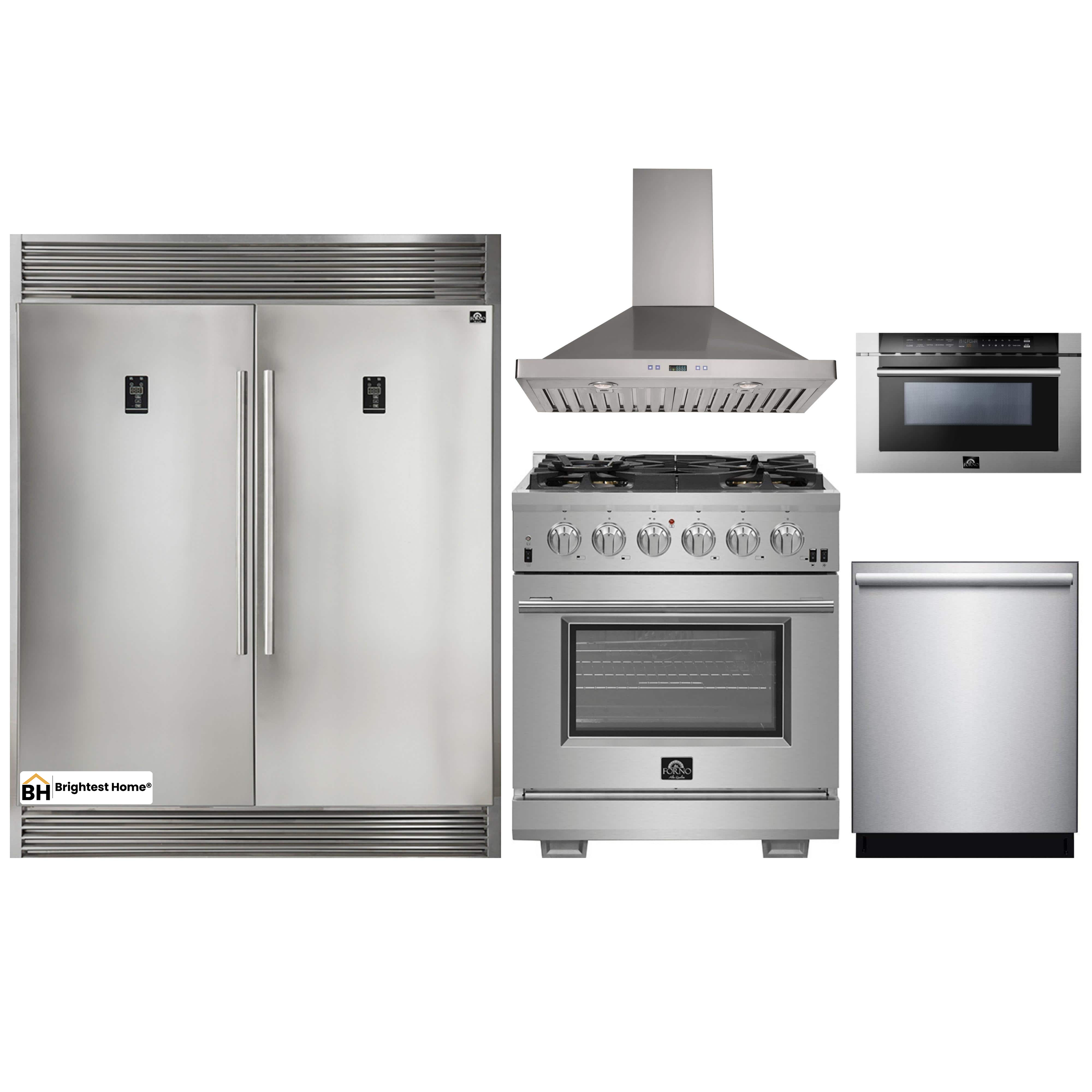 Forno 5-Piece Pro Appliance Package - 30-Inch Gas Range, 56-Inch Pro-Style Refrigerator, Wall Mount Hood, Microwave Drawer, & 3-Rack Dishwasher in Stainless Steel