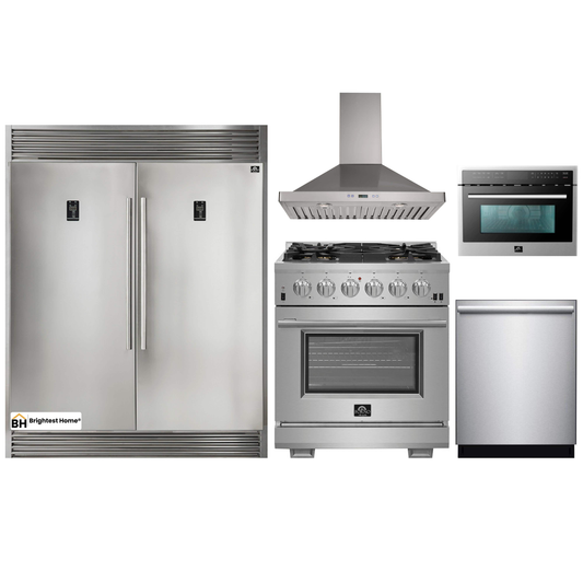 Forno 5-Piece Pro Appliance Package - 30-Inch Gas Range, 56-Inch Pro-Style Refrigerator, Wall Mount Hood, Microwave Oven, & 3-Rack Dishwasher in Stainless Steel