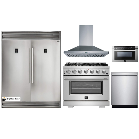 Forno 5-Piece Pro Appliance Package - 36-Inch Gas Range, 56-Inch Pro-Style Refrigerator, Wall Mount Hood, Microwave Drawer, & 3-Rack Dishwasher in Stainless Steel