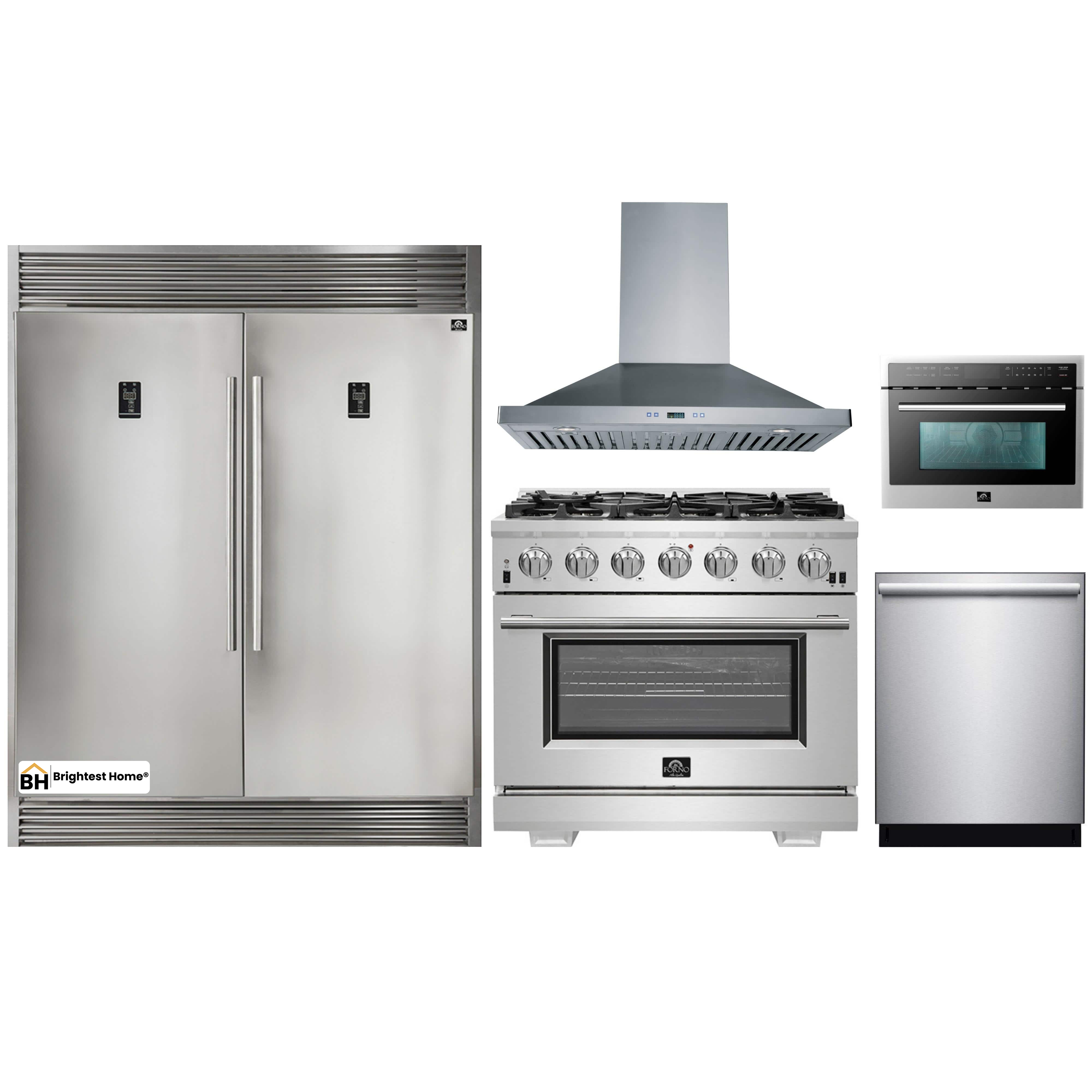 Forno 5-Piece Pro Appliance Package - 36-Inch Gas Range, 56-Inch Pro-Style Refrigerator, Wall Mount Hood, Microwave Oven, & 3-Rack Dishwasher in Stainless Steel