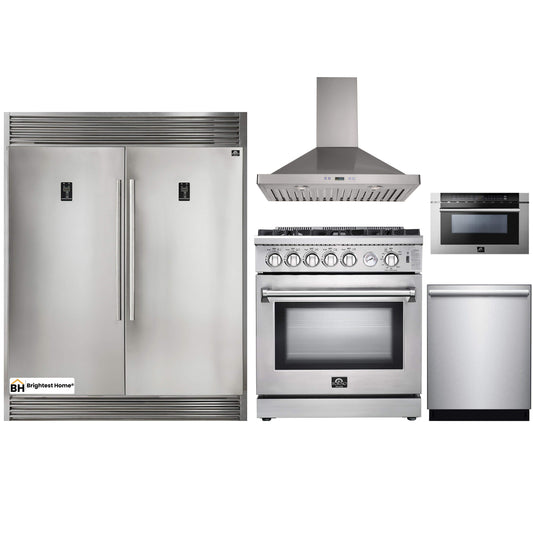 Forno 5-Piece Appliance Package - 30-Inch Gas Range, 56-Inch Pro-Style Refrigerator, Wall Mount Hood, Microwave Drawer, & 3-Rack Dishwasher in Stainless Steel