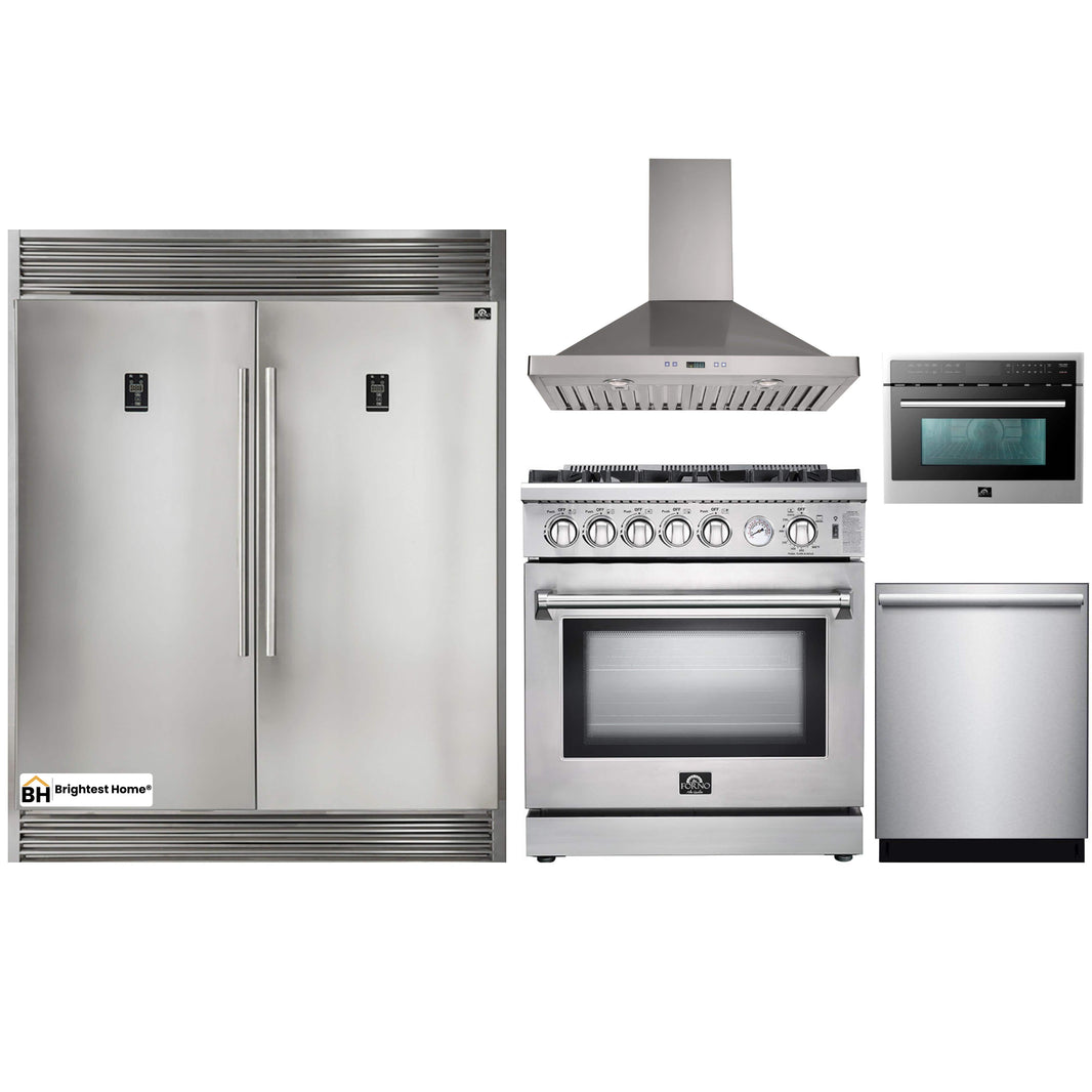 Forno 5-Piece Appliance Package - 30-Inch Gas Range, 56-Inch Pro-Style Refrigerator, Wall Mount Hood, Microwave Oven, & 3-Rack Dishwasher in Stainless Steel