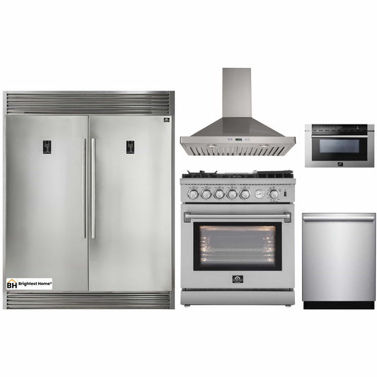 Forno 5-Piece Appliance Package - 30-Inch Gas Range with Air Fryer, 56-Inch Pro-Style Refrigerator, Wall Mount Hood, Microwave Drawer, & 3-Rack Dishwasher in Stainless Steel