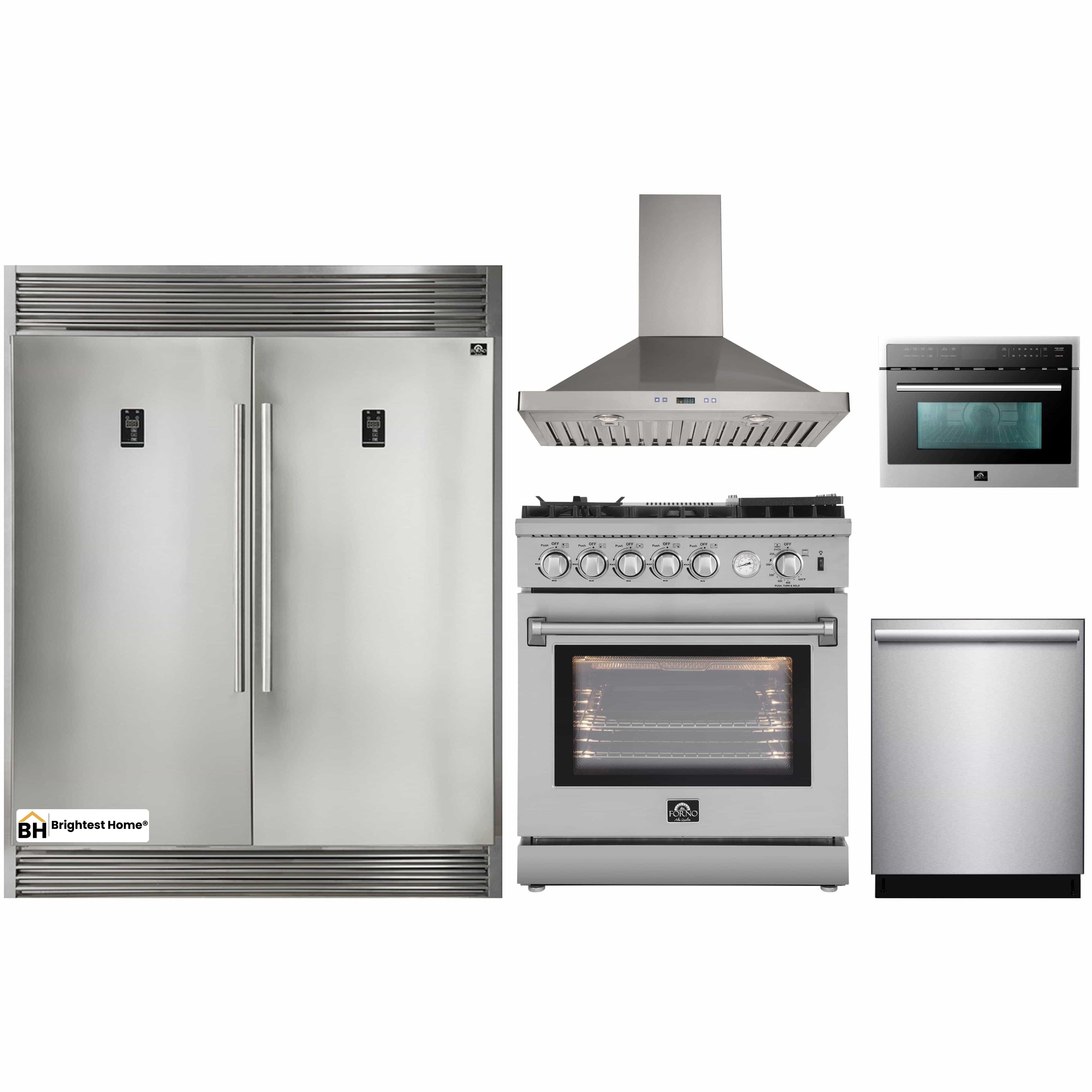 Forno 5-Piece Appliance Package - 30-Inch Gas Range with Air Fryer, 56-Inch Pro-Style Refrigerator, Wall Mount Hood, Microwave Oven, & 3-Rack Dishwasher in Stainless Steel