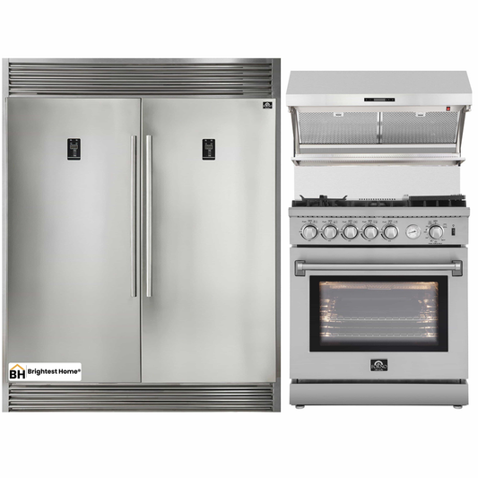 Forno 3-Piece Appliance Package - 30-Inch Gas Range with Air Fryer, 56-Inch Pro-Style Refrigerator & Wall Mount Hood with Backsplash in Stainless Steel