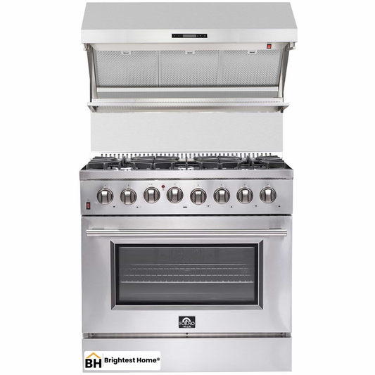 Forno 2-Piece Appliance Package - 36-Inch Dual Fuel Range & Wall Mount Hood with Backsplash in Stainless Steel