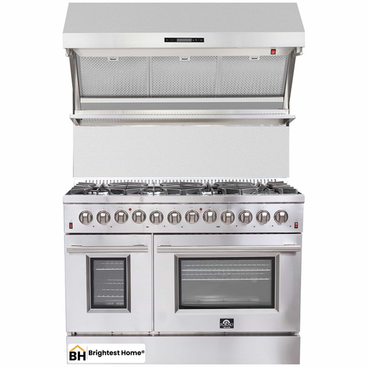 Forno 2-Piece Appliance Package - 48-Inch Dual Fuel Range & Wall Mount Hood with Backsplash in Stainless Steel