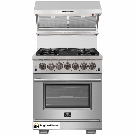 Forno 2-Piece Pro Appliance Package - 30-Inch Dual Fuel Range & Wall Mount Hood with Backsplash in Stainless Steel
