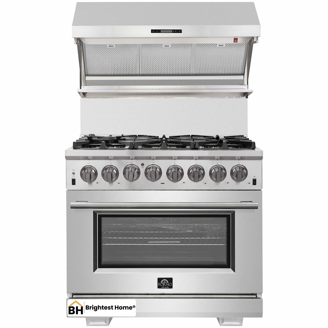 Forno 2-Piece Pro Appliance Package - 36-Inch Dual Fuel Range & Wall Mount Hood with Backsplash in Stainless Steel