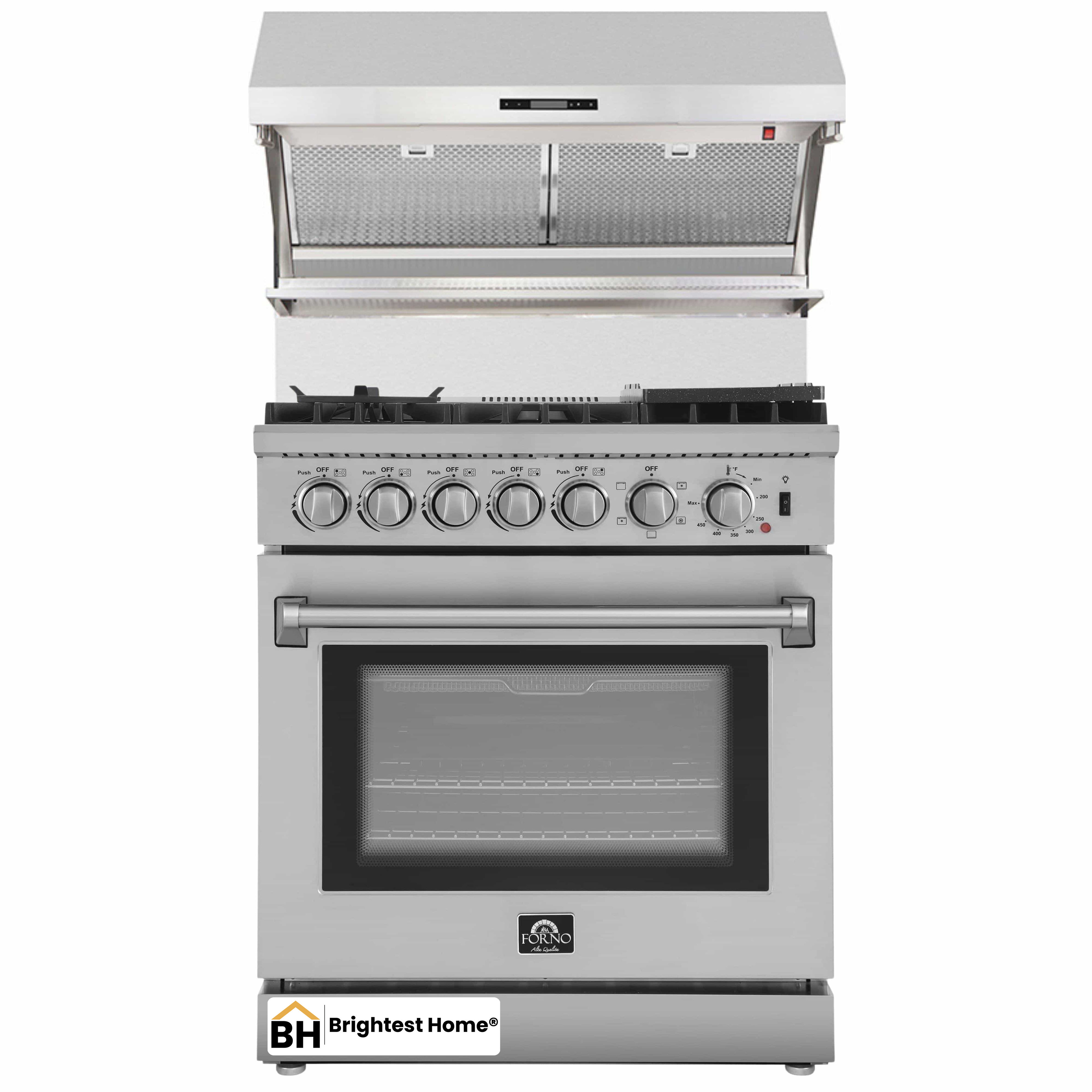 Forno 2-Piece Appliance Package - 30-Inch Dual Fuel Range with Air Fryer & Wall Mount Hood with Backsplash in Stainless Steel