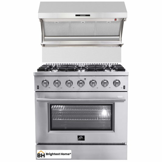 Forno 2-Piece Appliance Package - 36-Inch Gas Range & Wall Mount Hood with Backsplash in Stainless Steel