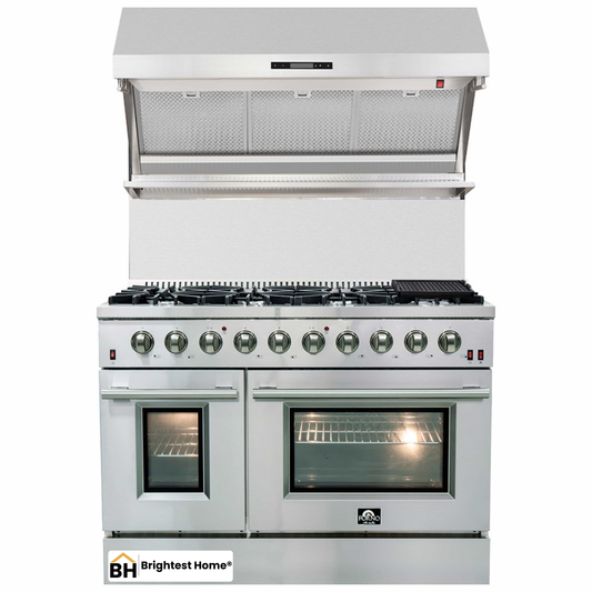 Forno 2-Piece Appliance Package - 48-Inch Gas Range & Wall Mount Hood with Backsplash in Stainless Steel