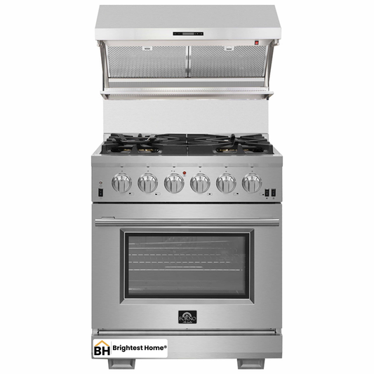 Forno 2-Piece Pro Appliance Package - 30-Inch Gas Range & Wall Mount Hood with Backsplash in Stainless Steel