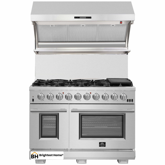 Forno 2-Piece Pro Appliance Package - 48-Inch Gas Range & Wall Mount Hood with Backsplash in Stainless Steel