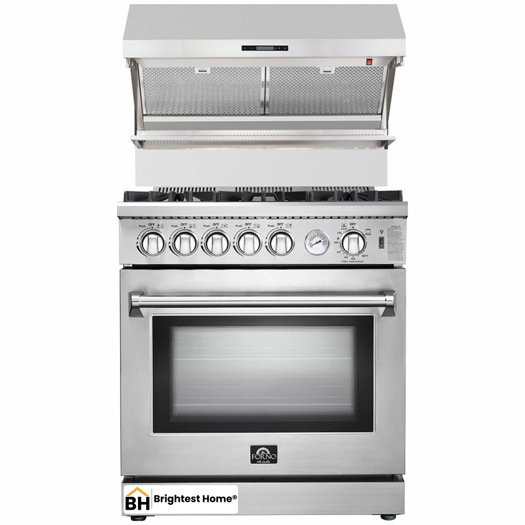 Forno 2-Piece Appliance Package - 30-Inch Gas Range & Wall Mount Hood with Backsplash in Stainless Steel