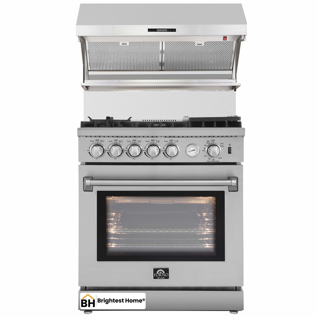 Forno 2-Piece Appliance Package - 30-Inch Gas Range with Air Fryer & Wall Mount Hood with Backsplash in Stainless Steel