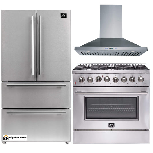 Forno 3-Piece Appliance Package - 36-Inch Dual Fuel Range, 36-Inch Refrigerator & Wall Mount Hood in Stainless Steel