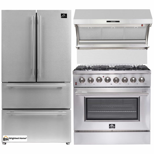 Forno 3-Piece Appliance Package - 36-Inch Dual Fuel Range, Refrigerator, & Wall Mount Hood with Backsplash in Stainless Steel