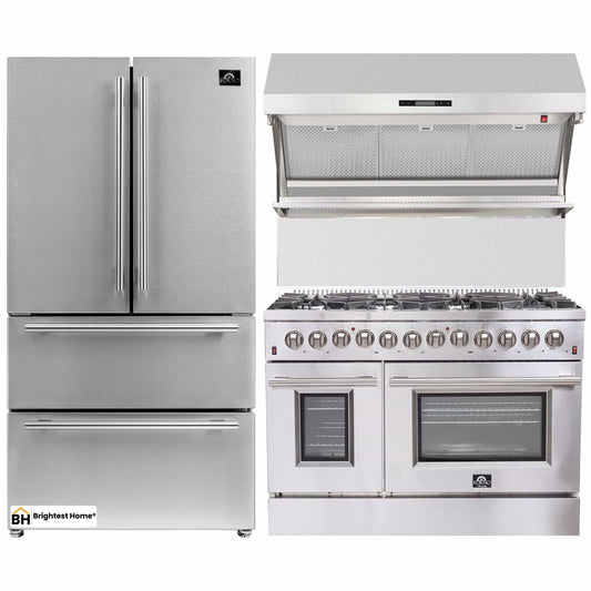 Forno 3-Piece Appliance Package - 48-Inch Dual Fuel Range, Refrigerator, & Wall Mount Hood with Backsplash in Stainless Steel