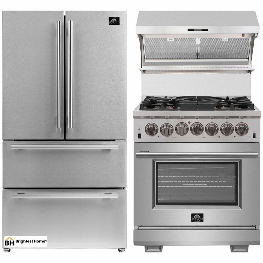 Forno 3-Piece Pro Appliance Package - 30-Inch Dual Fuel Range, Refrigerator, & Wall Mount Hood with Backsplash in Stainless Steel