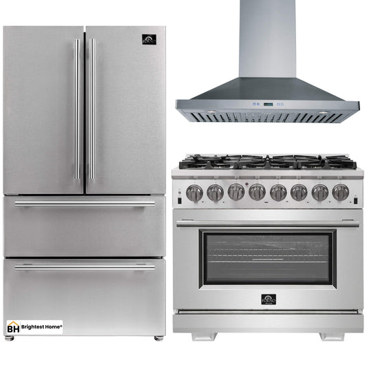 Forno 3-Piece Pro Appliance Package - 36-Inch Dual Fuel Range, 36-Inch Refrigerator & Wall Mount Hood in Stainless Steel