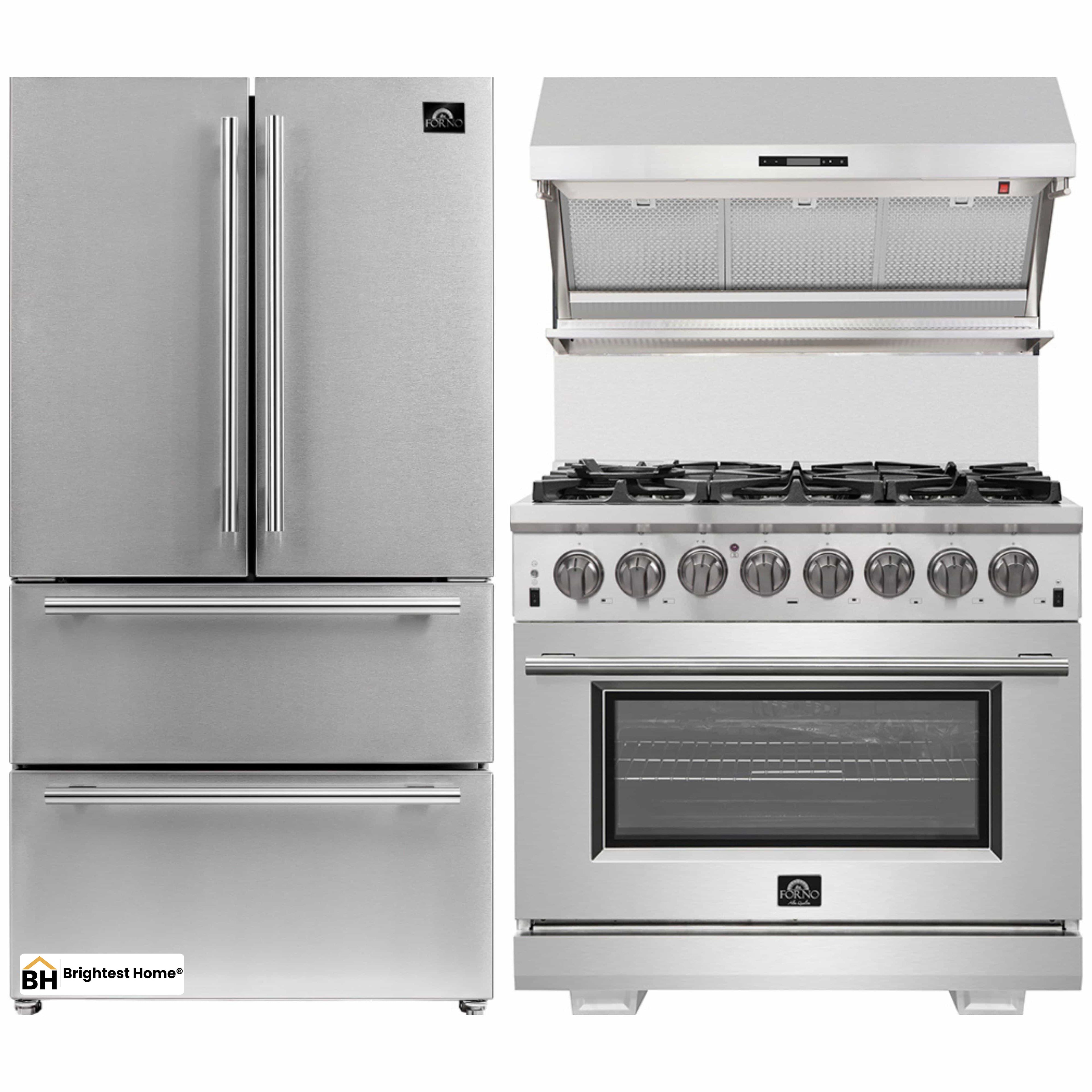 Forno 3-Piece Pro Appliance Package - 36-Inch Dual Fuel Range, 36-Inch Refrigerator & Wall Mount Hood with Backsplash in Stainless Steel