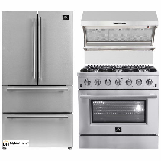 Forno 3-Piece Appliance Package - 36-Inch Gas Range, Refrigerator, & Wall Mount Hood with Backsplash in Stainless Steel