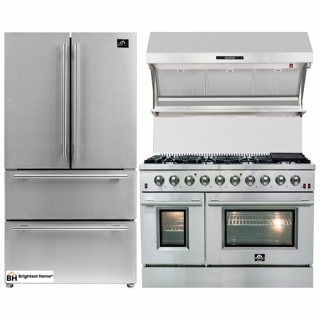 Forno 3-Piece Appliance Package- 48-Inch Gas Range, Refrigerator, & Wall Mount Hood with Backsplash in Stainless Steel