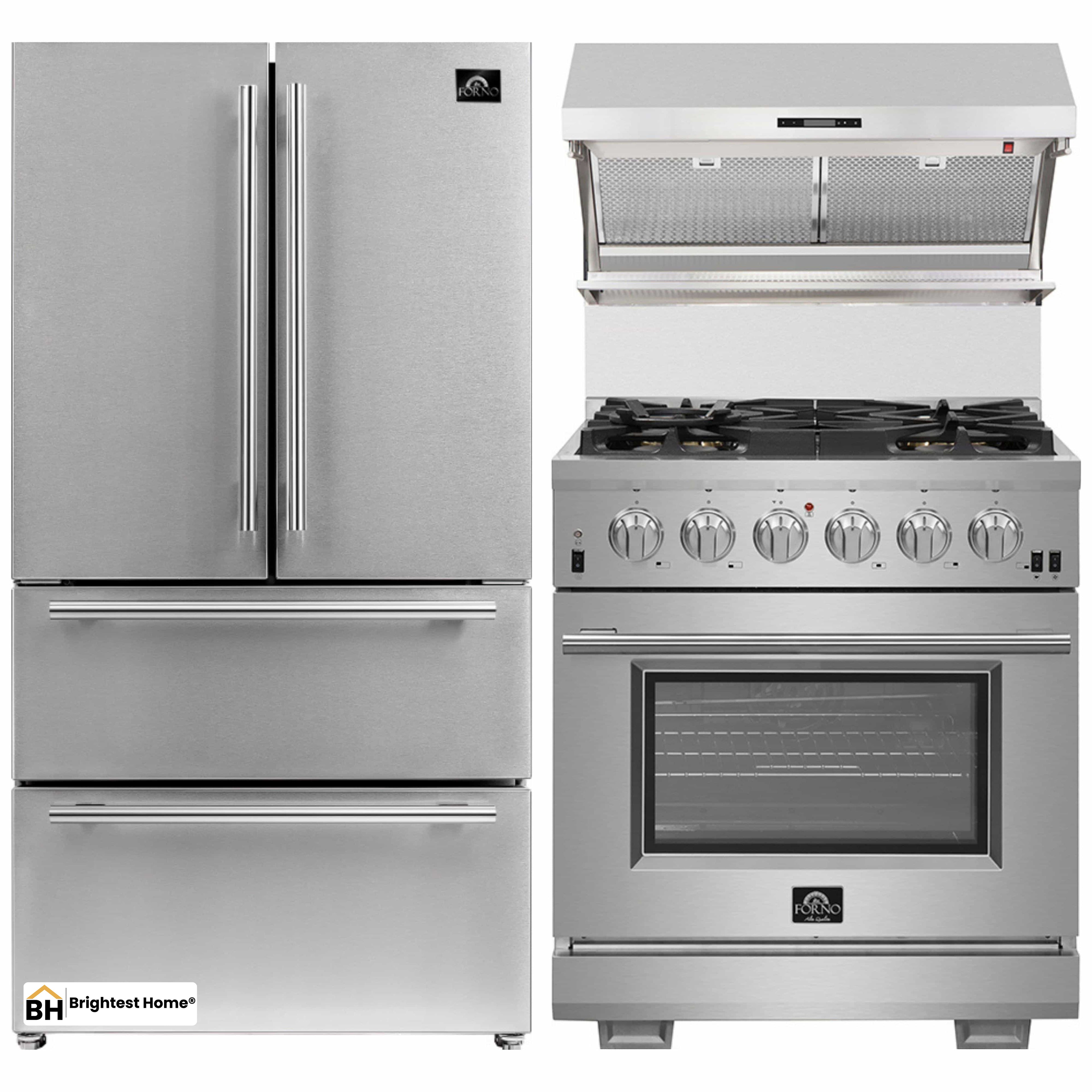 Forno 3-Piece Pro Appliance Package - 30-Inch Gas Range, Refrigerator, & Wall Mount Hood with Backsplash in Stainless Steel