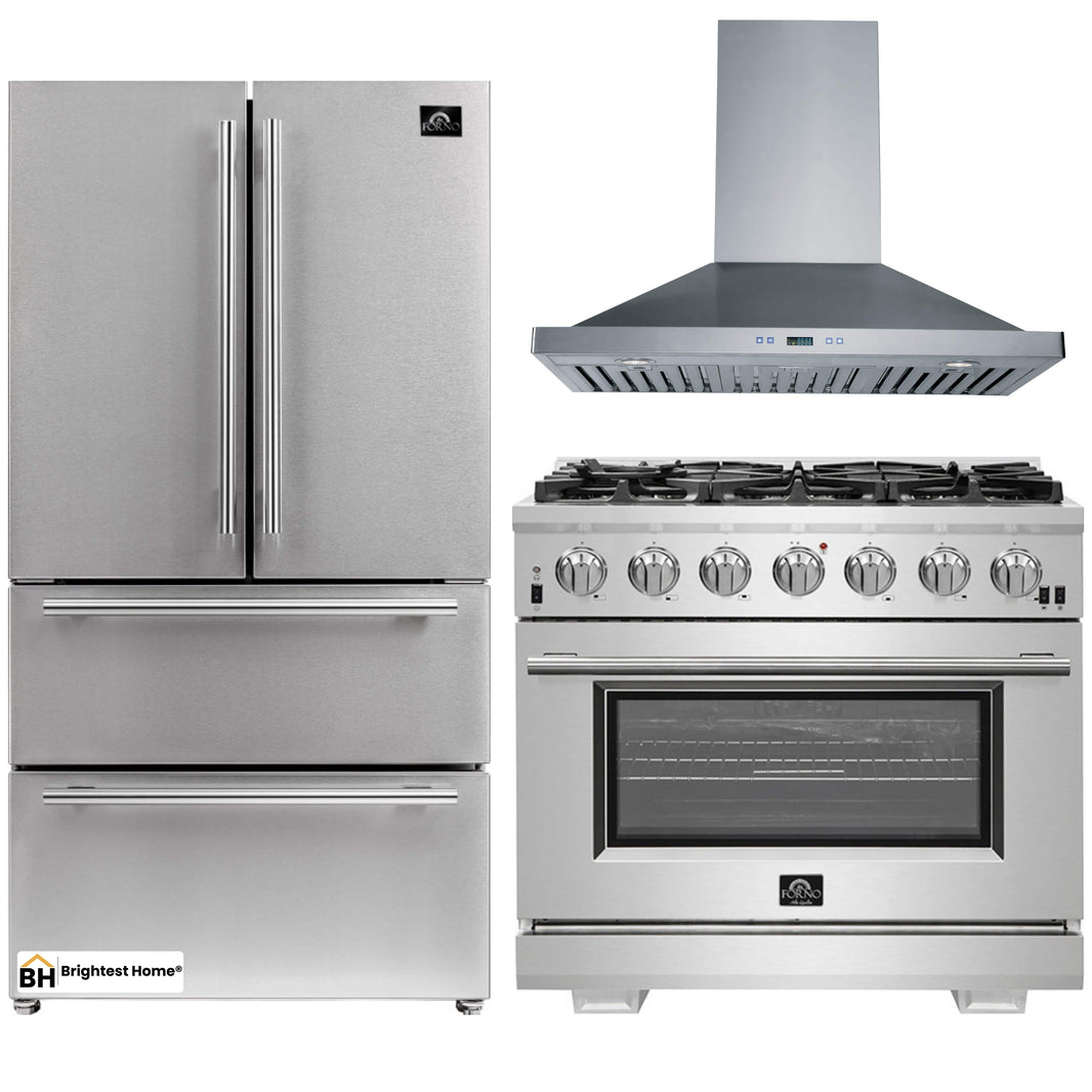 Forno 3-Piece Pro Appliance Package - 36-Inch Gas Range, Refrigerator, & Wall Mount Hood in Stainless Steel