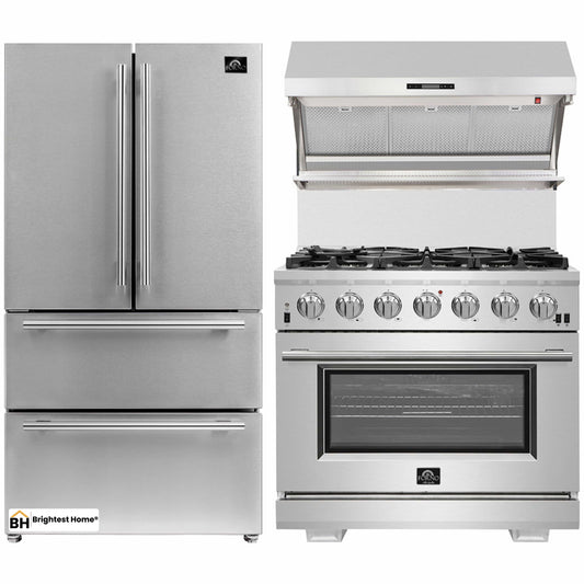 Forno 3-Piece Pro Appliance Package - 36-Inch Gas Range, Refrigerator, & Wall Mount Hood with Backsplash in Stainless Steel