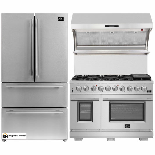 Forno 3-Piece Pro Appliance Package - 48-Inch Gas Range, 36-Inch Refrigerator & Wall Mount Hood with Backsplash in Stainless Steel