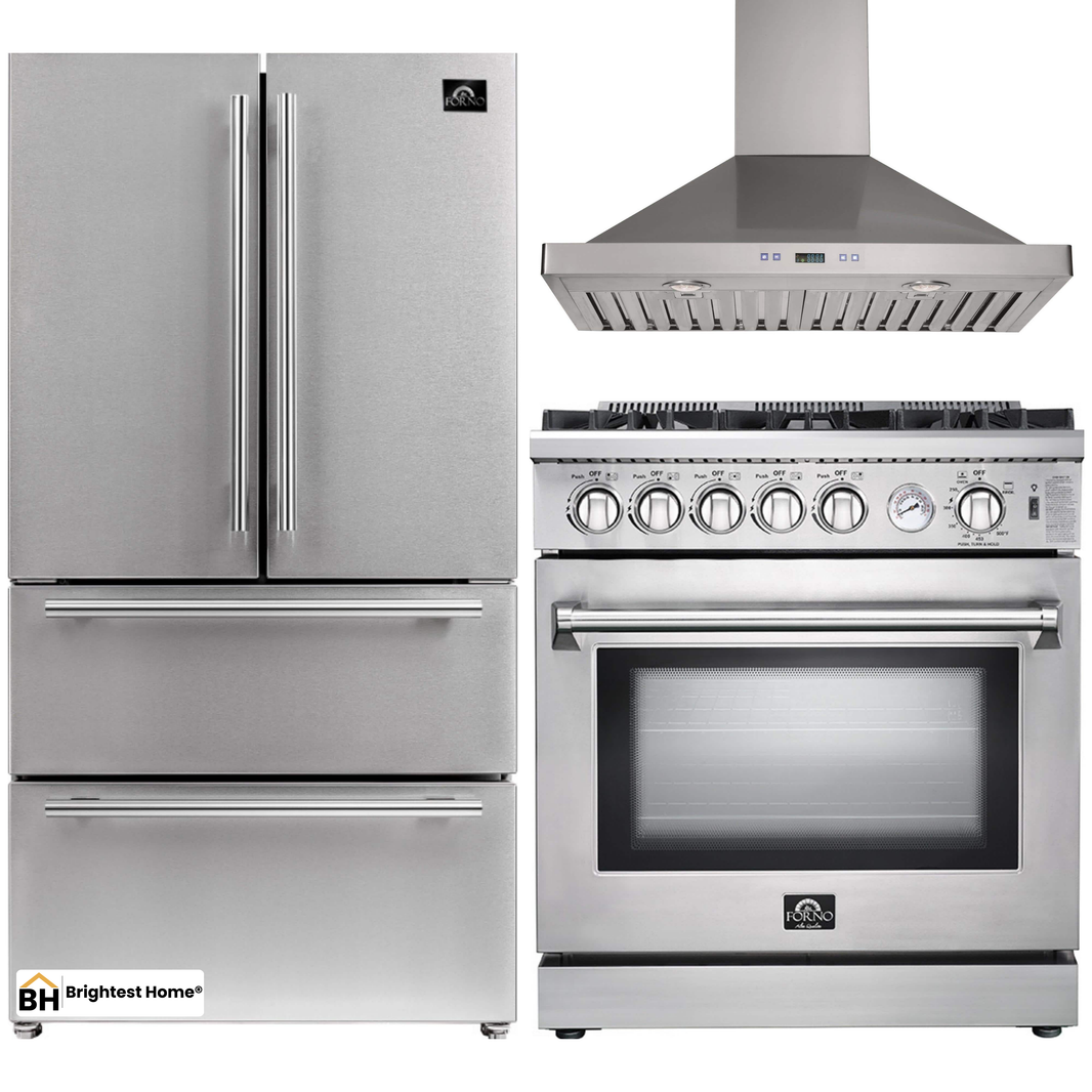 Forno 3-Piece Appliance Package - 30-Inch Gas Range, 36-Inch Refrigerator & Wall Mount Hood in Stainless Steel