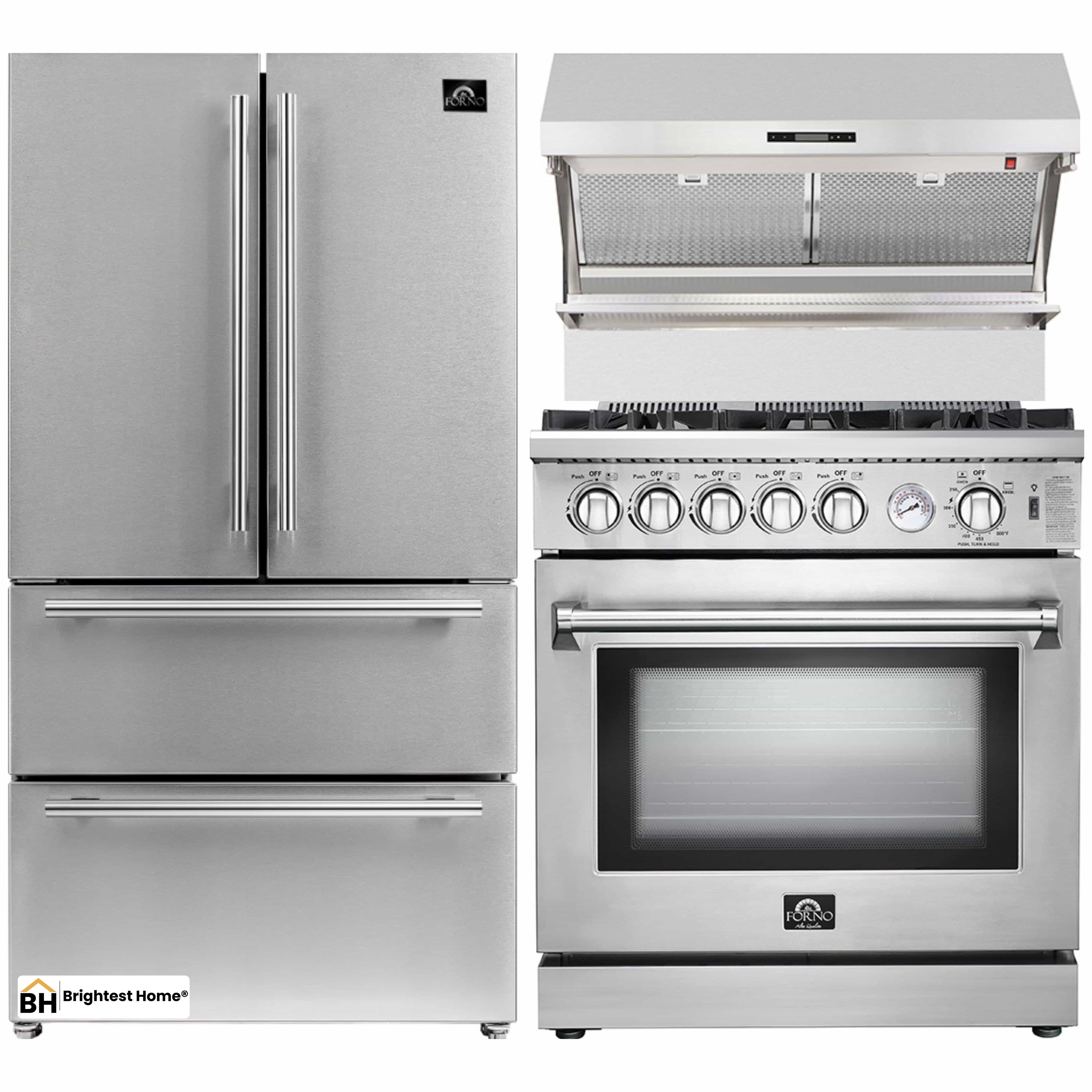 Forno 3-Piece Appliance Package - 30-Inch Gas Range, Refrigerator, & Wall Mount Hood with Backsplash in Stainless Steel