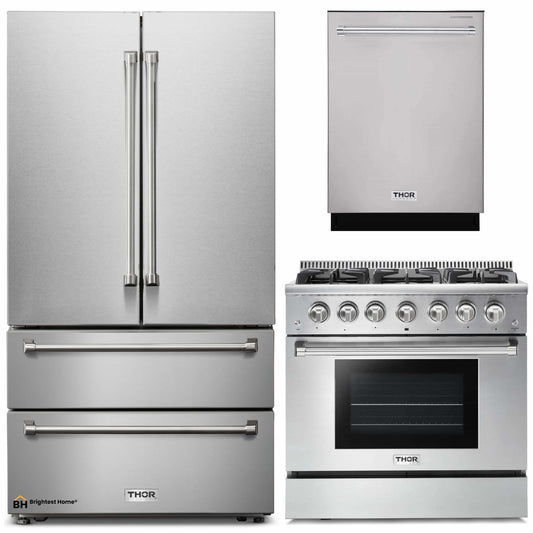 Thor Kitchen 3-Piece Pro Appliance Package - 36-Inch Gas Range, Dishwasher & Refrigerator in Stainless Steel