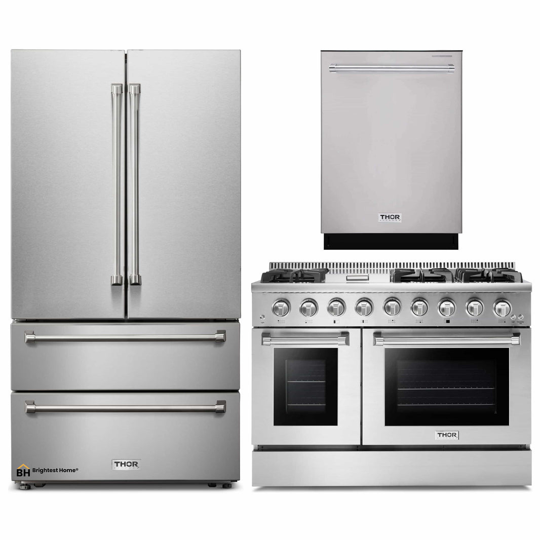 Thor Kitchen 3-Piece Pro Appliance Package - 48-Inch Gas Range, Dishwasher & Refrigerator with Water Dispenser in Stainless Steel