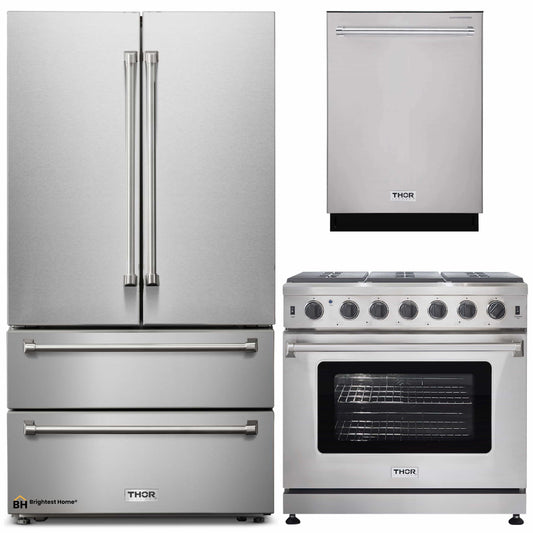 Thor Kitchen 3-Piece Appliance Package - 36-Inch Gas Range, Dishwasher & Refrigerator in Stainless Steel