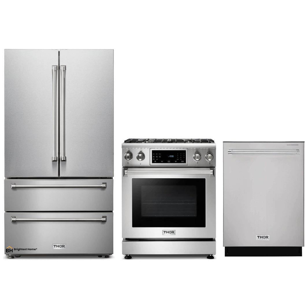 Thor Kitchen 3-Piece Appliance Package - 30-Inch Gas Range with Tilt Panel, Dishwasher & Refrigerator in Stainless Steel