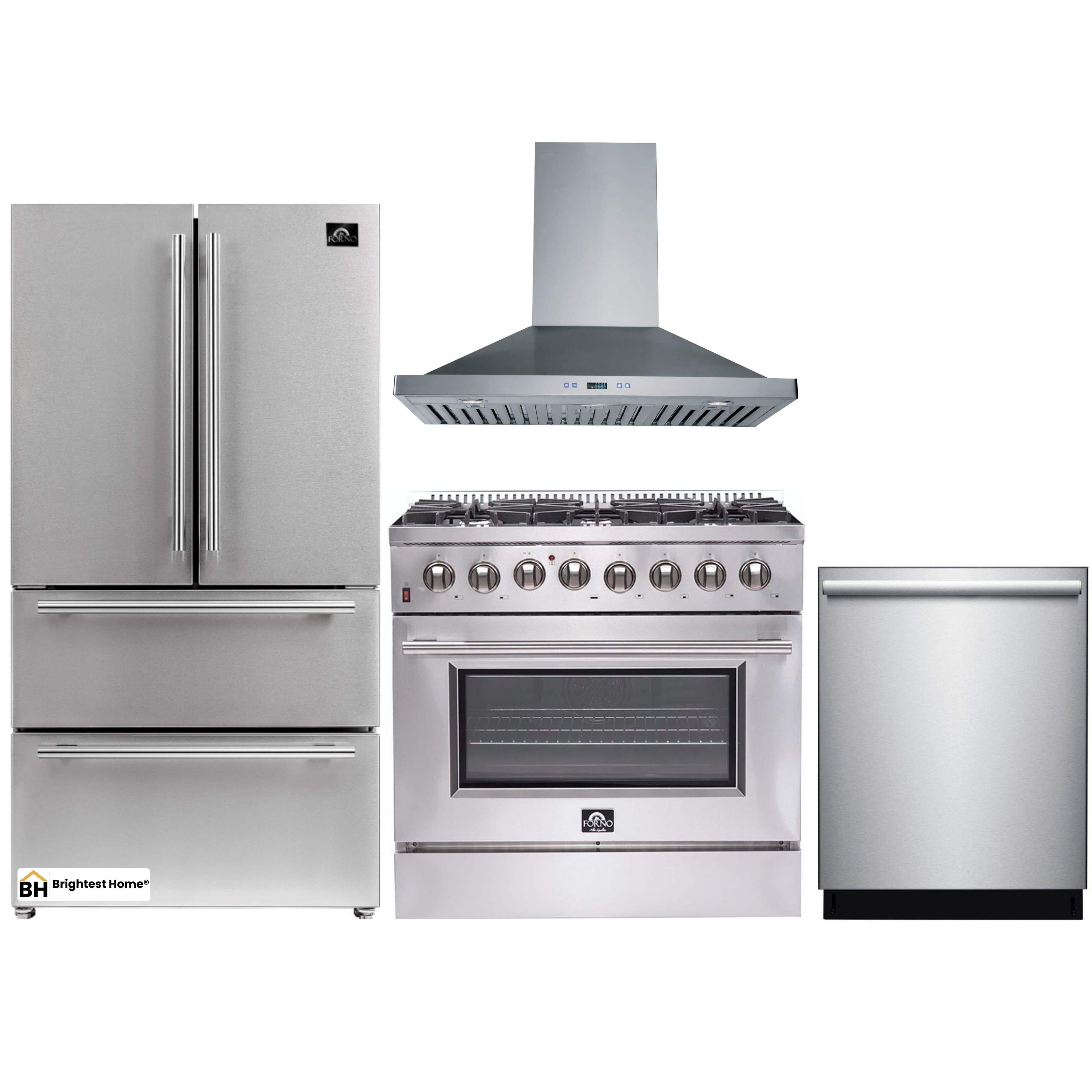 Forno 4-Piece Appliance Package - 36-Inch Dual Fuel Range, Refrigerator, Wall Mount Hood, & 3-Rack Dishwasher in Stainless Steel