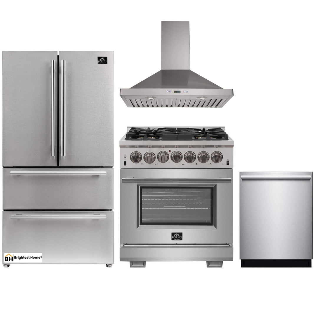 Forno 4-Piece Pro Appliance Package - 30-Inch Dual Fuel Range, Refrigerator, Wall Mount Hood, & 3-Rack Dishwasher in Stainless Steel