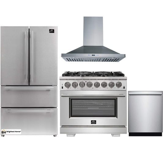 Forno 4-Piece Pro Appliance Package - 36-Inch Dual Fuel Range, Refrigerator, Wall Mount Hood, & 3-Rack Dishwasher in Stainless Steel