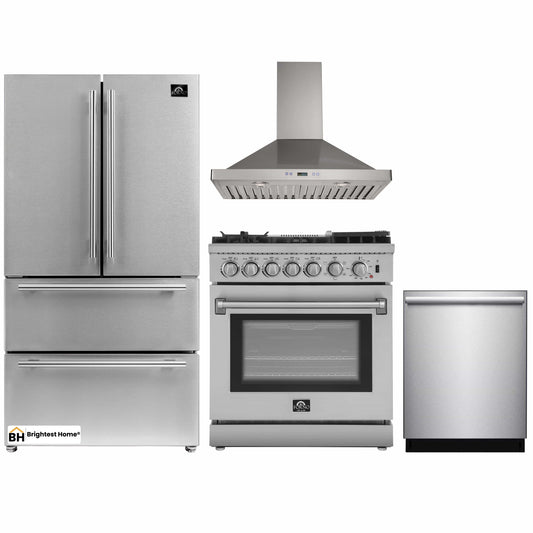 Forno 4-Piece Appliance Package - 30-Inch Dual Fuel Range with Air Fryer, Refrigerator, Wall Mount Hood, & 3-Rack Dishwasher in Stainless Steel