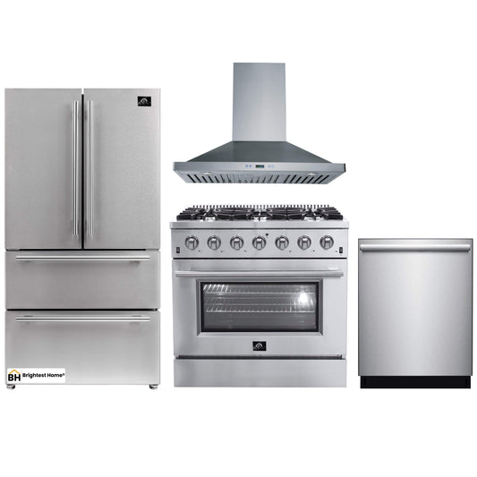 Forno 4-Piece Appliance Package - 36-Inch Gas Range, Refrigerator, Wall Mount Hood, & 3-Rack Dishwasher in Stainless Steel