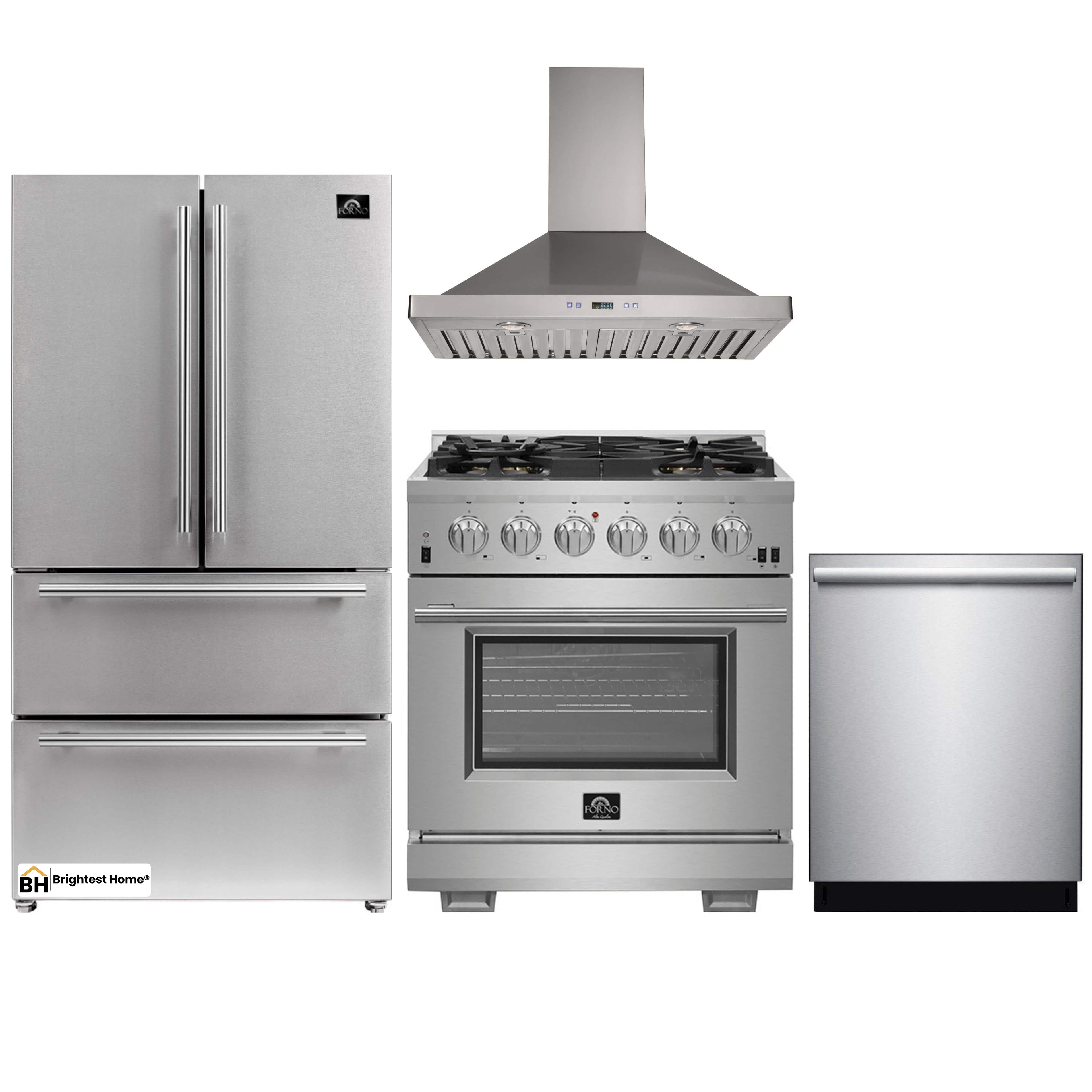 Forno 4-Piece Pro Appliance Package - 30-Inch Gas Range, 36-Inch Refrigerator Wall Mount Hood, & 3-Rack Dishwasher in Stainless Steel