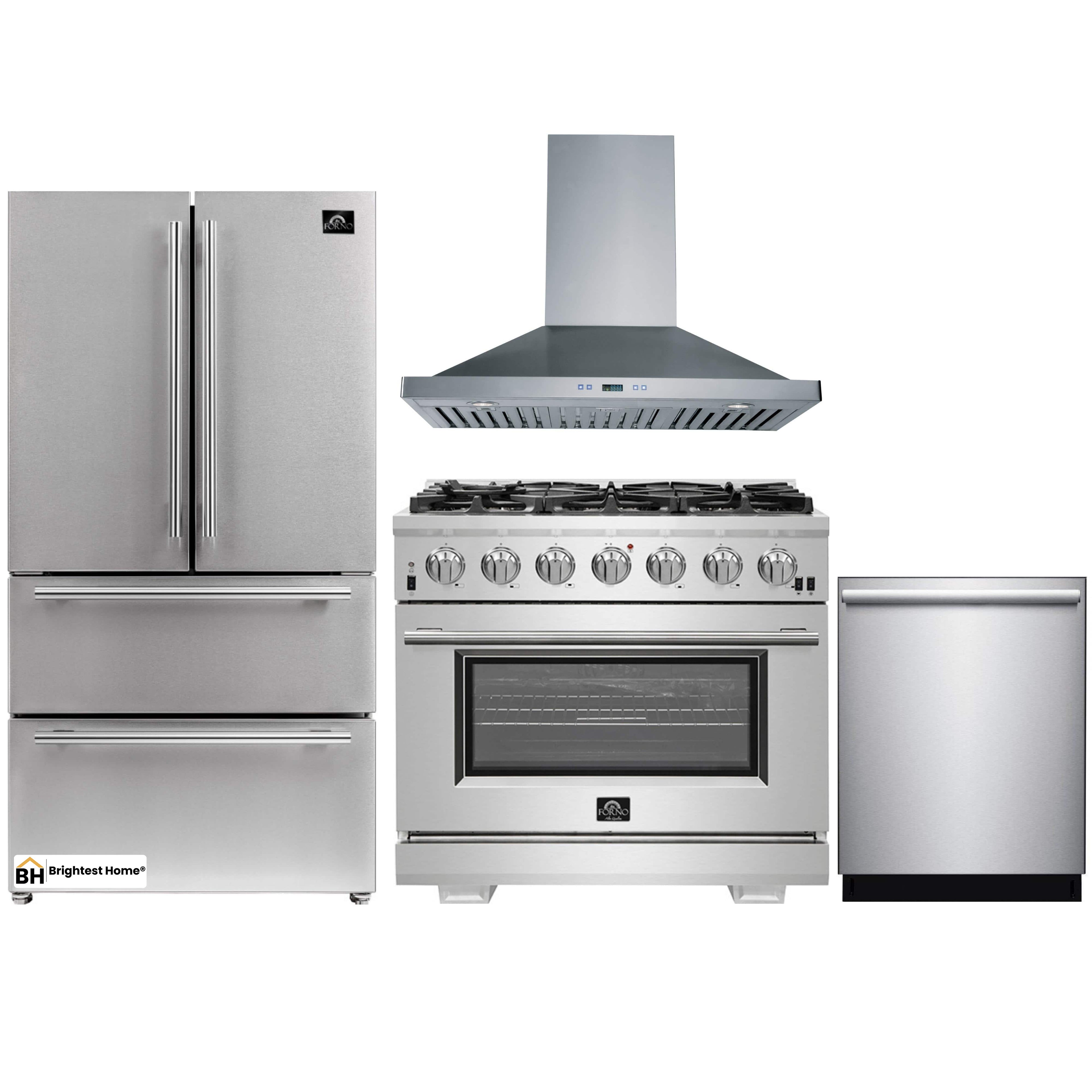 Forno 4-Piece Pro Appliance Package - 36-Inch Gas Range, Refrigerator, Wall Mount Hood, & 3-Rack Dishwasher in Stainless Steel