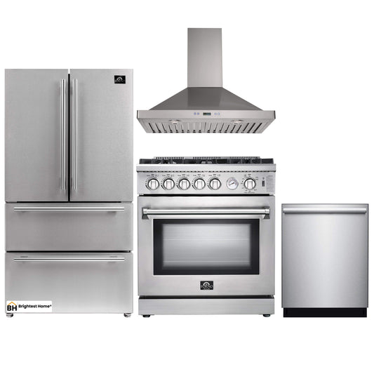 Forno 4-Piece Appliance Package - 30-Inch Gas Range, Refrigerator, Wall Mount Hood, & 3-Rack Dishwasher in Stainless Steel